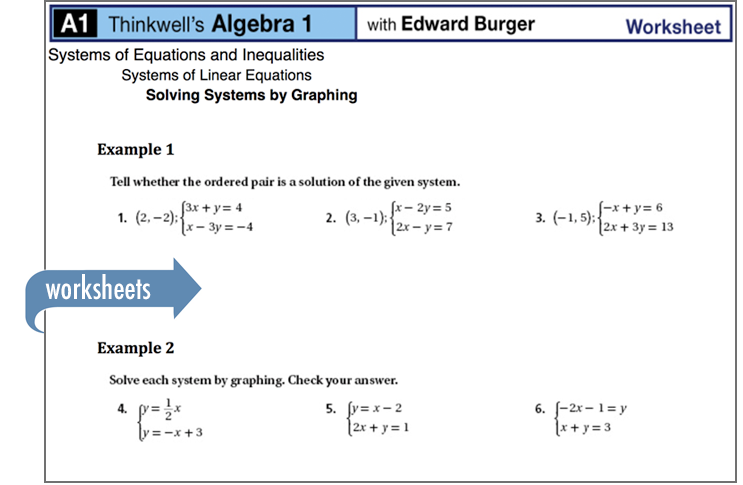 Sample of Thinkwell's Algebra 1 Math worksheets