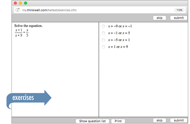 Sample of Thinkwell's Algebra 2 Math exercises