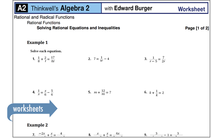 Sample of Thinkwell's Algebra 2 Math worksheets