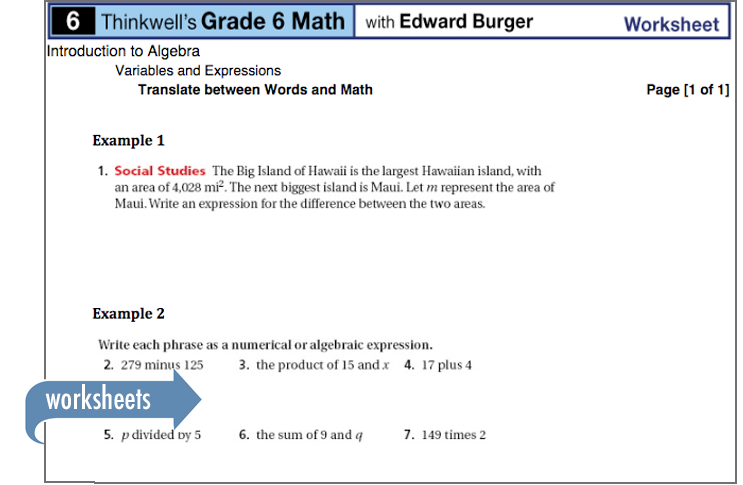 Sample of Thinkwell's Grade 6 Math worksheets