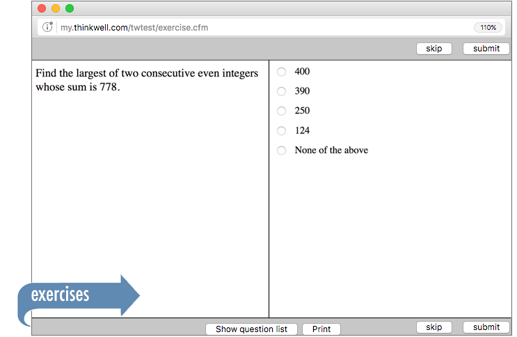 Sample of Thinkwell's Intermediate Algebra exercises